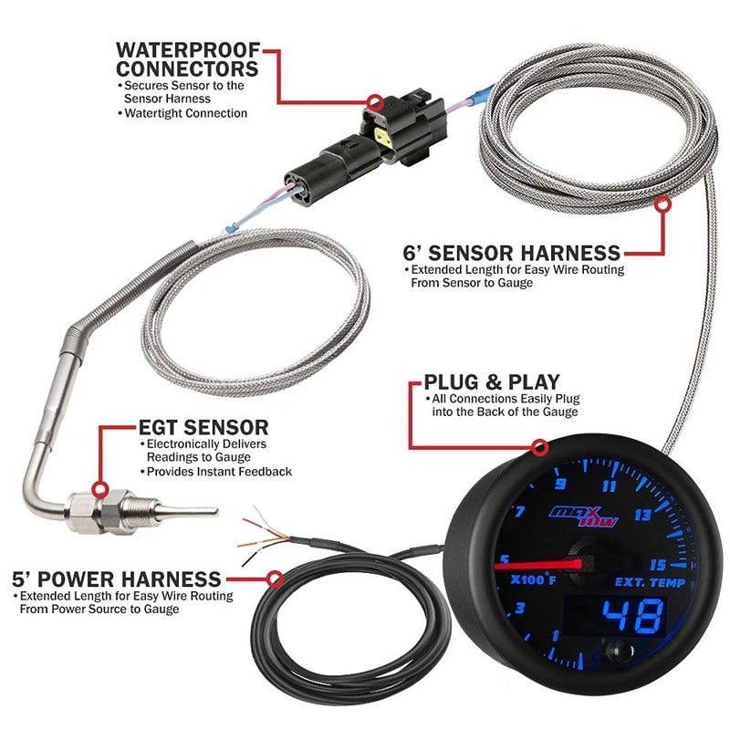 MaxTow Double Vision 1500 F Pyrometer Exhaust Gas Temperature EGT Gauge Kit - Includes Type K Probe - Black Gauge Face - Blue LED Dial - Analog & Digital Readouts - for Diesel Trucks - 2-1/16" 52mm - Image 3